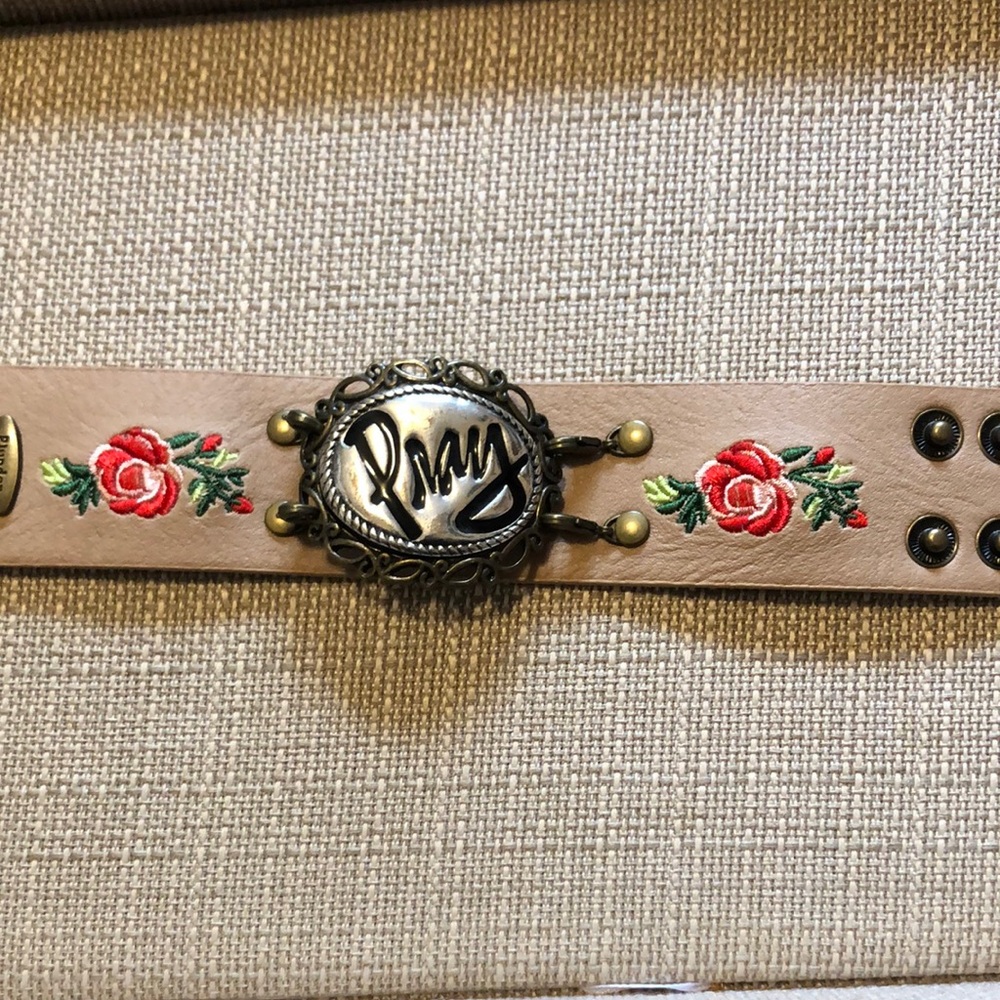 Floral Embroidered Tan Leather Bracelet with Pray pendant